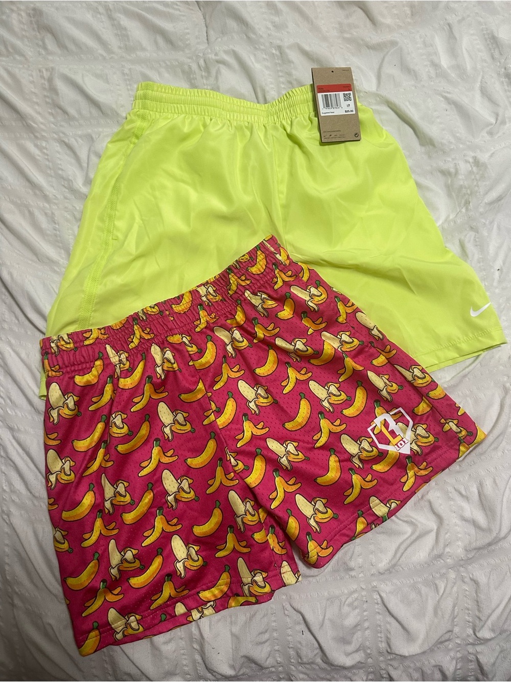 Neon Yellow Athletic Shorts and Hot Pink Banana Print Shorts